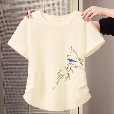 Chinese Style Short Sleeve Tshirt Women Summer Beige Crop Top Fashion Trendy Outfit