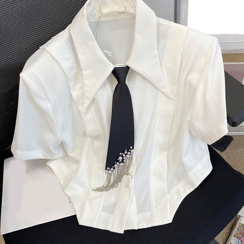 Imitation Pearls Accent Necktie Adjsutable Strap Closure Swing Tassels Decoration Business Casual Fashion Accessories