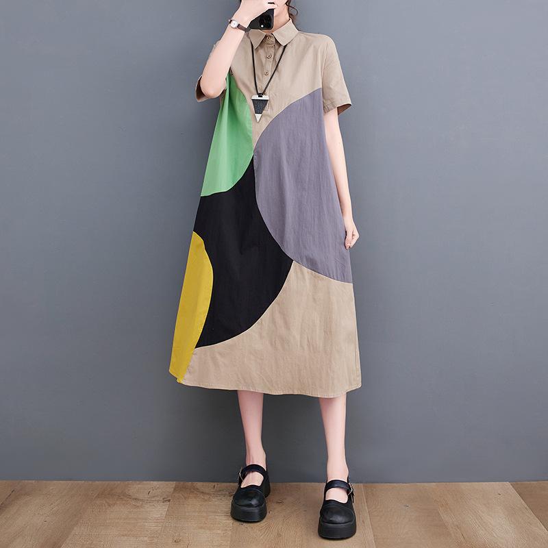 Short Sleeve Patchwork Contrast Color Dresses for Women Loose Casual Vintage Dress Fashion Elegant Clothes Spring Summer 2025