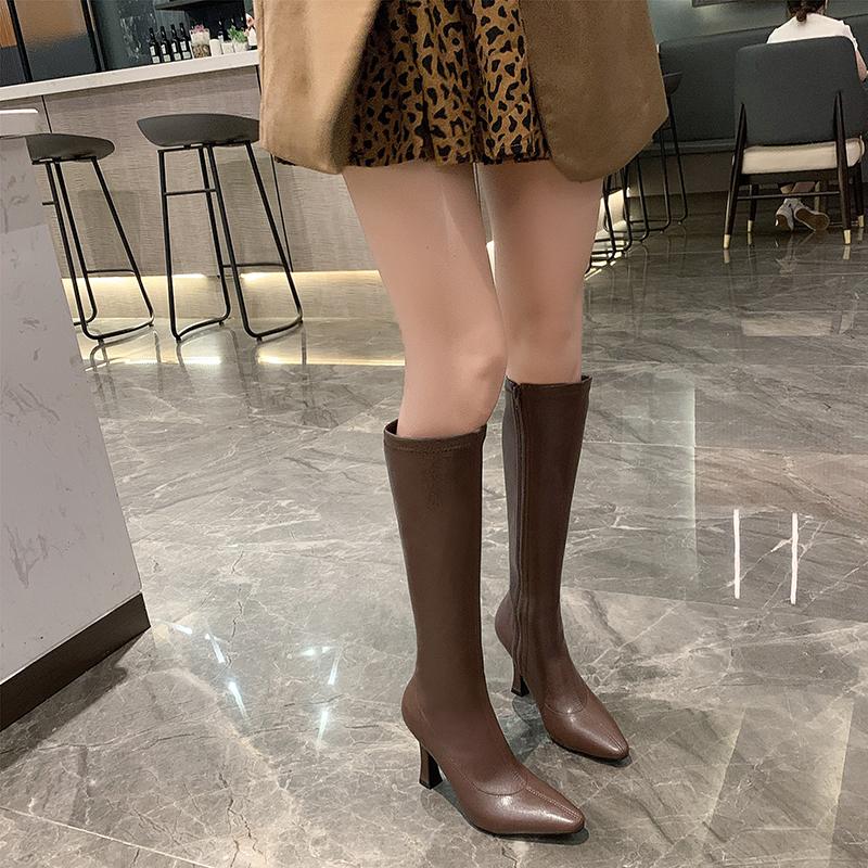 Zimní novinka 2024 Dámské kozačky na vysokém podpatku Dámské zip Korejská verze Síťka Červené úzké kozačky se špičatým jehlovým podpatkem Kozačky nad kolena