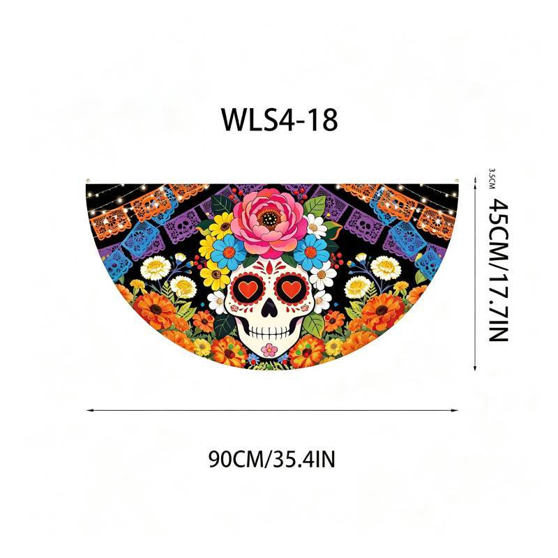 Watercolor Marigold Skeleton Day Of The Dead Fan Flag For Mexican Festival Party Decor