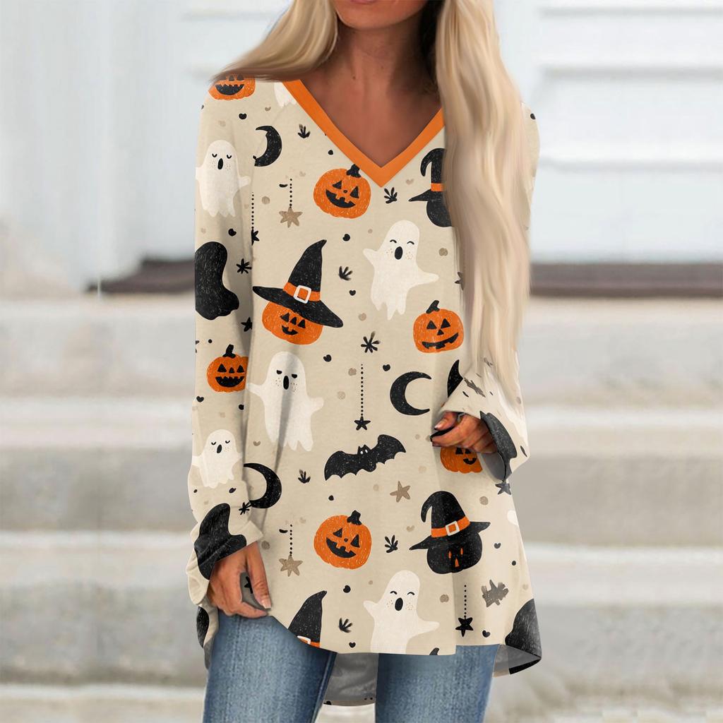 Women's Long Sleeve V-Neck Tunic T-Shirt with Halloween Print for Casual Fall Outings
