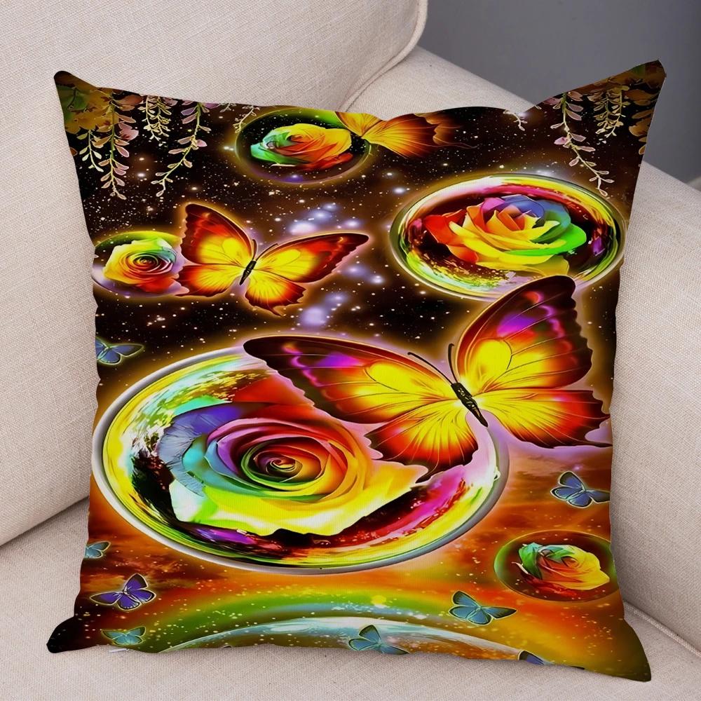 Tecknad Blomma Fjäril Djur Kuddfodral Dekor Blomma Kuddfodral för Soffa Hem Bil Fantasi Skog Mjuk Plysch Kuddfodral