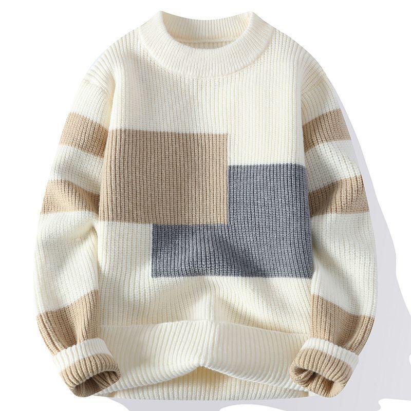 2024 Autumn/Winter Men's Youth Color Block Sweater - Trendy Student Round Neck Pullover Knitwear