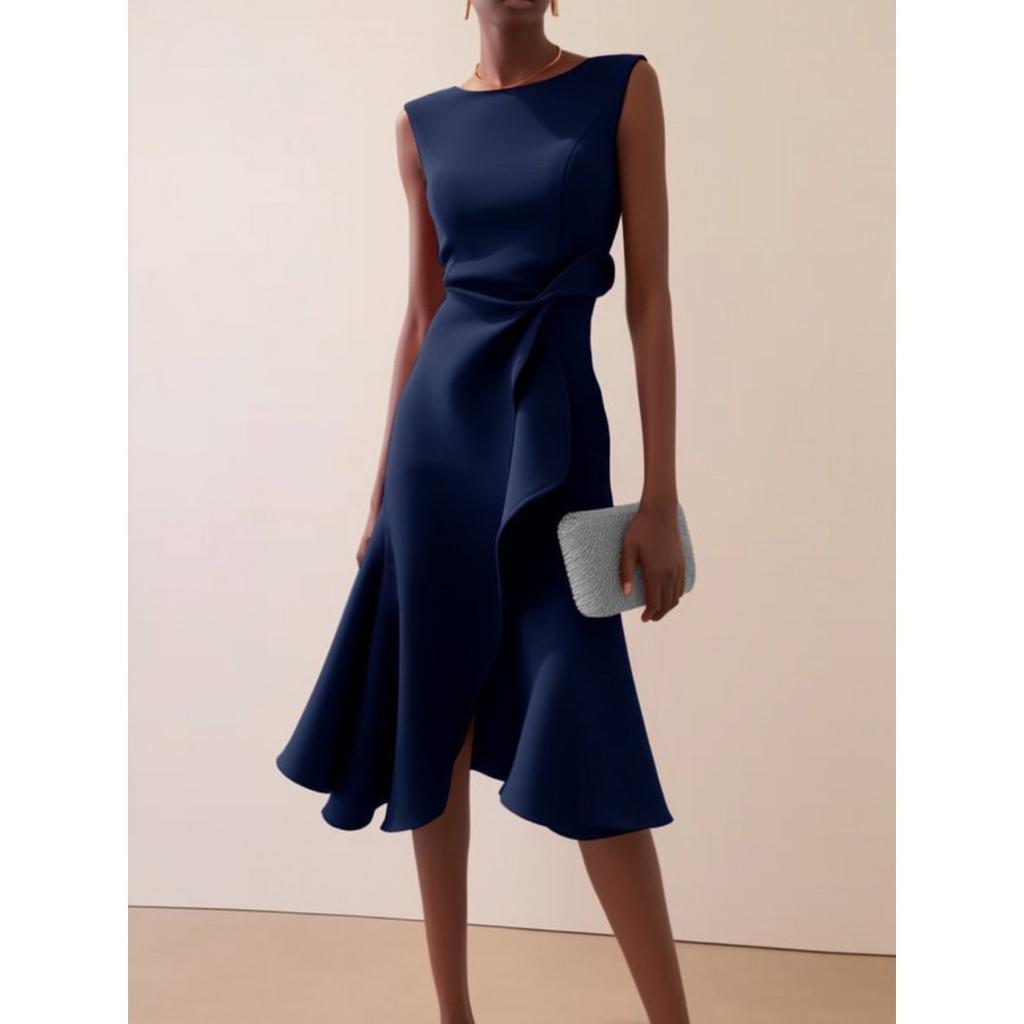 Dames Ronde Hals Mouwloze Midi Jurk Slim Fit Middelhoge Taille Elegante Ruche Split Cocktailjurk