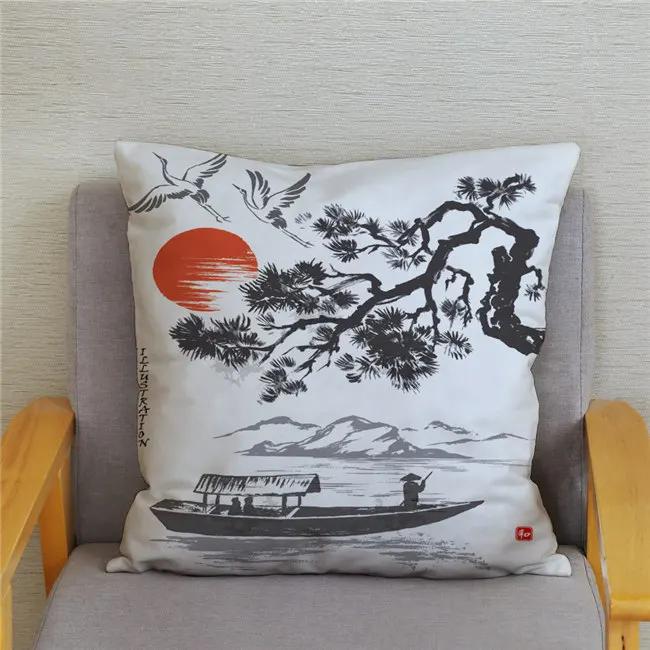 45*45 Classical Ink Landscape Printing Pattern Cushion Cover Home Living Room Sofa Decoration Square Pillow Case