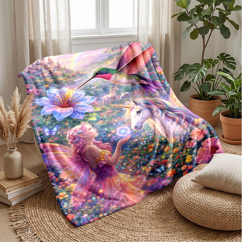 Fairy and Unicorn in Fantasy Forest Theme blanket Lightweight Warm Flannel Blanket Decorative Throw Blanket for Home Decoration