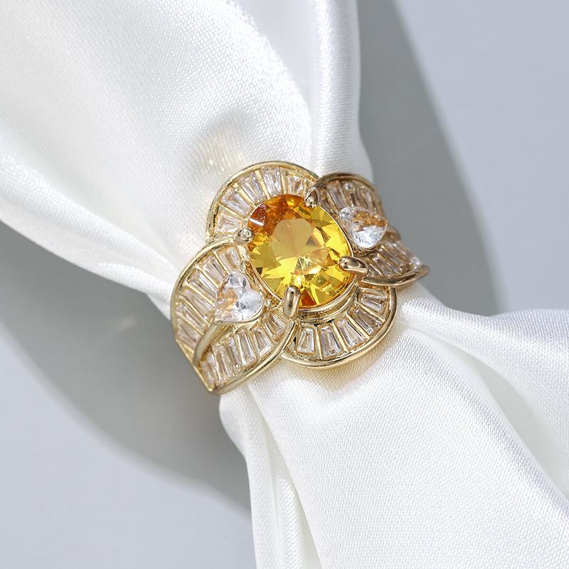 Vintage Luxury Sparkling Yellow Color Oval Inlaid Zircon Ring, Women's Fashion Trend Banquet Party Jewelry Gift