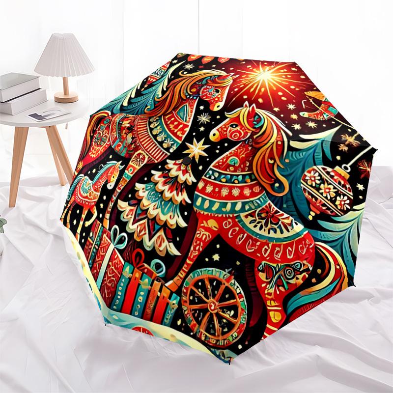 1pc Horse Christmas Automatic Folding Umbrella, Lightweight Retractable Compact Travel Umbrella, 8-Rib Sturdy Frame145