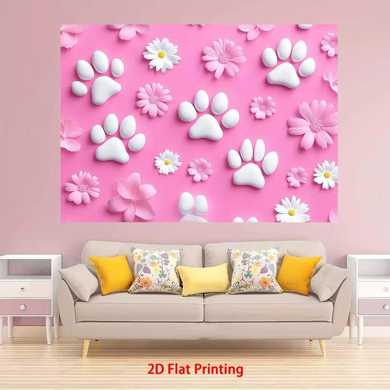 2D Pink Paw Print Backdrop Daisy Flower Pet Birthday Party Background
