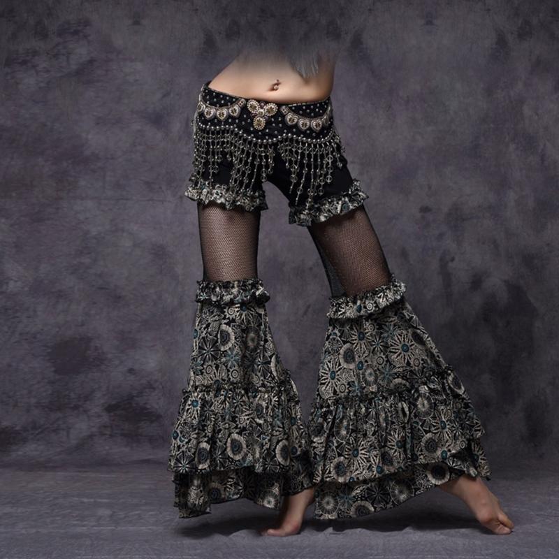 Women's Tribal Belly Dance Pants Mesh Patchwork Flared Pants Bellydance Costume for Performances Halloween Party