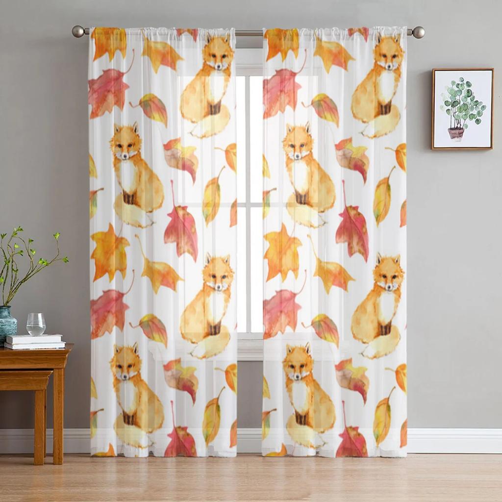 Animal Bird Fox Forest Winter Window Curtains for Living Room Kitchen Door Curtain Sheer Curtains for Bedroom