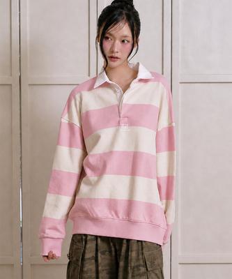 THE GREEN LAB Striped Rugby Collar Sweatshirt [Pink]