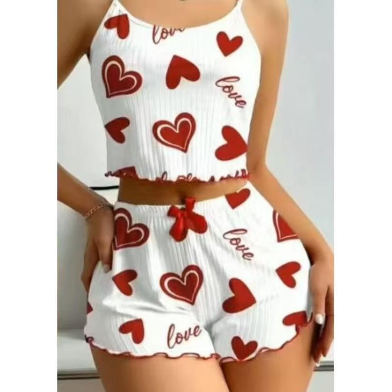 2026 European & American Sweet Heart Print Knit Pajama Set for Women