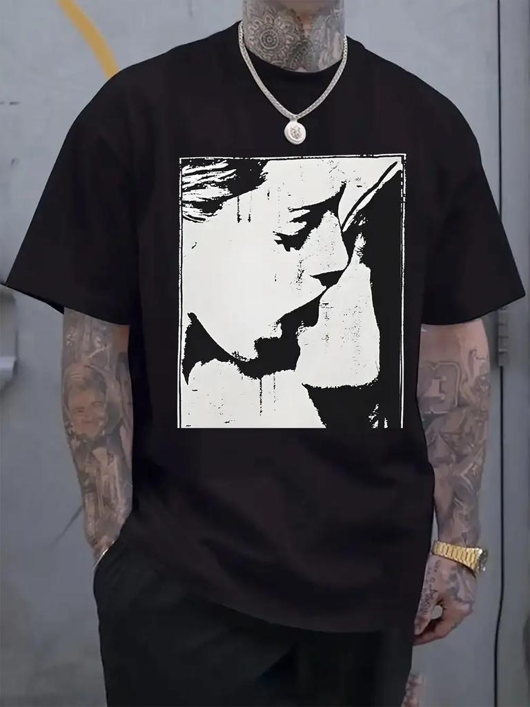 Black and White Abstract Portrait Print T-shirt - Casual Crew Neck Short Sleeve Tee with Intricate Design