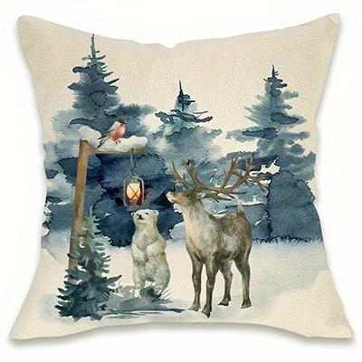 Home Decor Winter Forest Scenes With Deer And Cabin Pattern Cushion Cover Suitable For Sofa Bedroom Car Pillow Cover