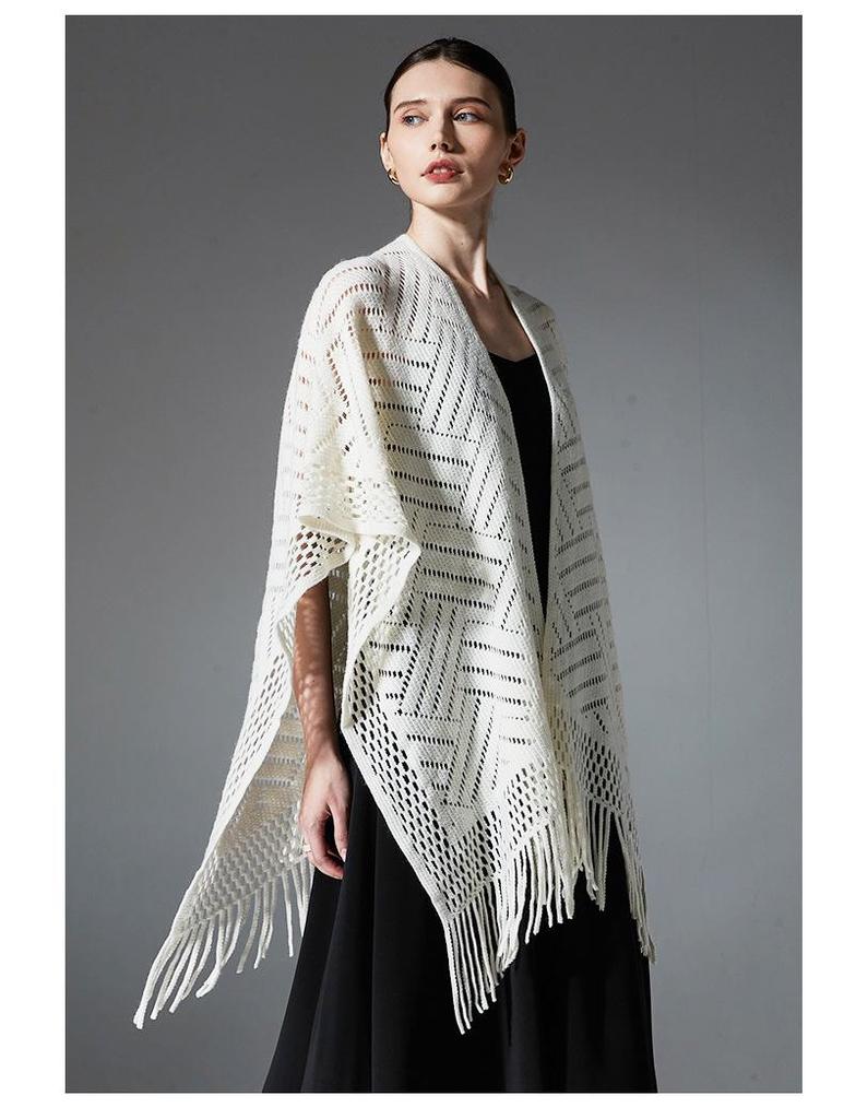Hot-Selling Knit Shawl: Spring Summer Autumn, Hollow Design, Tassel Trim, Solid Color, Lightweight for European & American Styles.