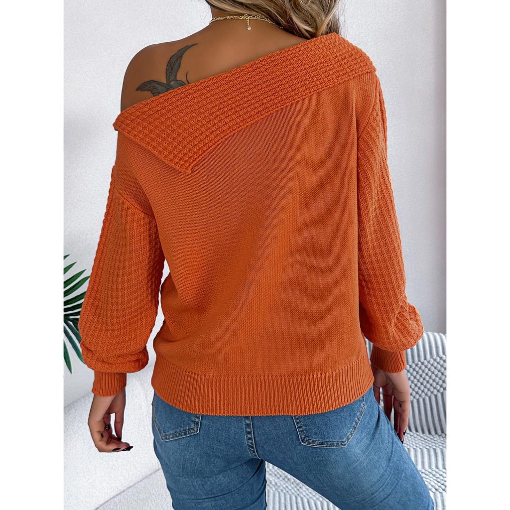 GMXIA Autumn and Winter Casual and Sexy Lapel Off-the-shoulder Brined Long-sleeved Pullover Sweater for Women