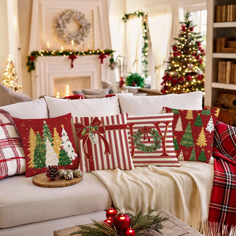 1pc Red Striped Cushion Cover Christmas Tree Bow Durable Cover 2025 New for Home Ornament Xmas New Year Christmas Decoration