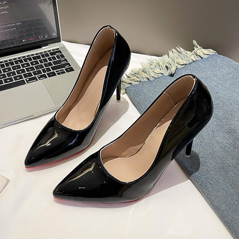 Schwarze High Heels Damen Stilettos 2025 Frühling und Herbst neu Leder rote Sohle Lackleder spitz sexy nude Arbeitsschuhe