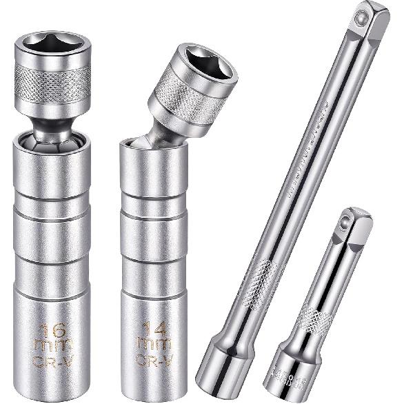 Magnetic Swivel Spark Plug Socket Set, 14mm 16mm 3/8 Inch Drive | 14Mm and 16Mm Magnetic Swivel Spark Plug Sockets with Thin-Wall 3/8 Inch Drive
