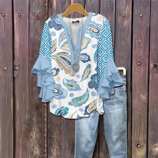Women Shirt V-Neck 3/4 Ruffle Sleeves Floral Print Anti-Wrinkle Bohemian Blouse Loose Fit Ultra Lightweight Beach Shirt