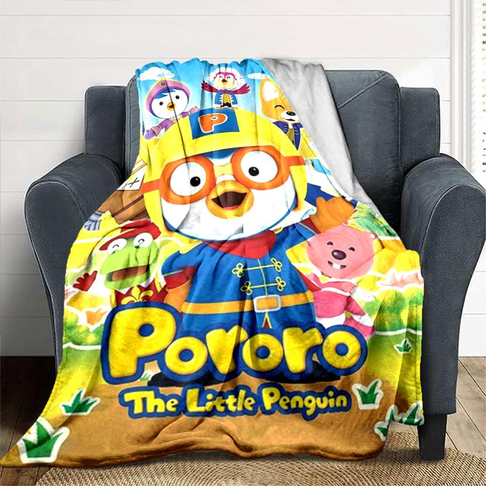 Pororo The Little Penguin Cartoon Group Character Print Flannel Blanket Soft Warm Throw Blanket for Sofa Bed Living Room