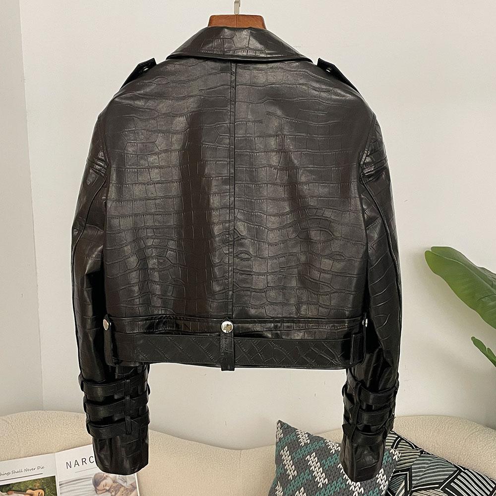 OFTBUY Women Vintage Loose Real Genuine Leather Short Jacket Tie Cuff Motorcycle Jacket Female Zipper Retro Moto Biker Coat Outwear Tops