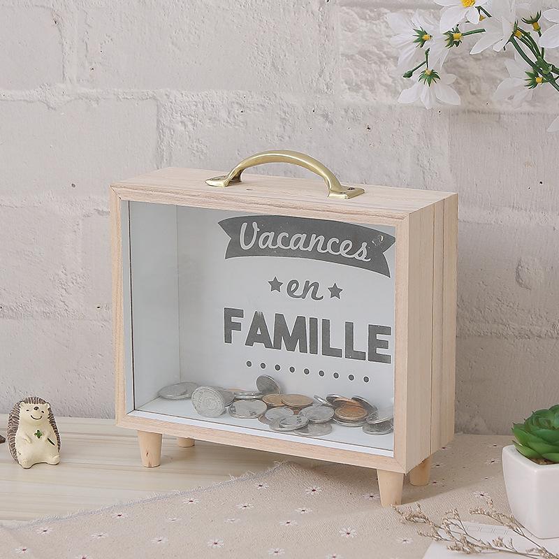 Cute Wooden Transparent Coin Bank with Reusable Lid Large Capacity Piggy Bank for Easy Savings & Withdrawals Portable Design