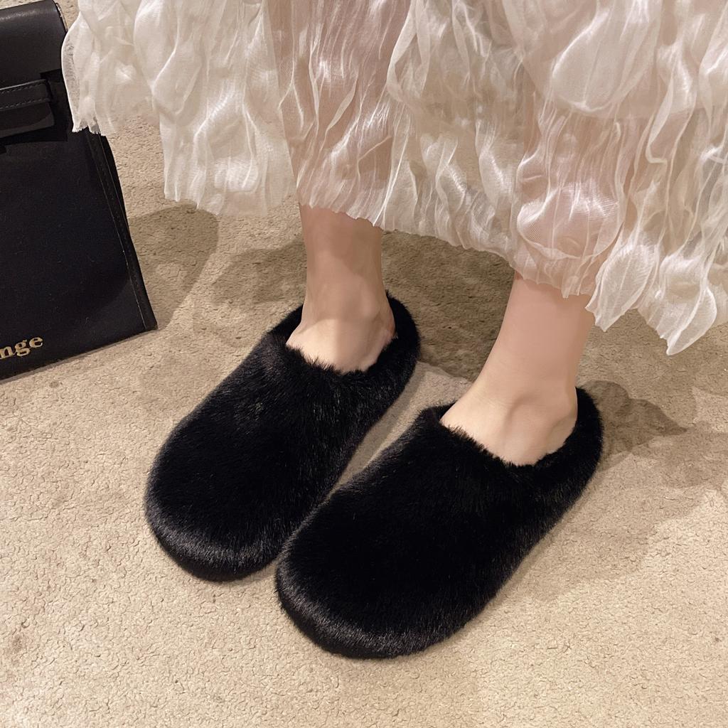 Large size women's shoes 41-43 wide fat feet French leopard print fluffy shoes women's autumn and winter Internet celebrity casual bag head half s