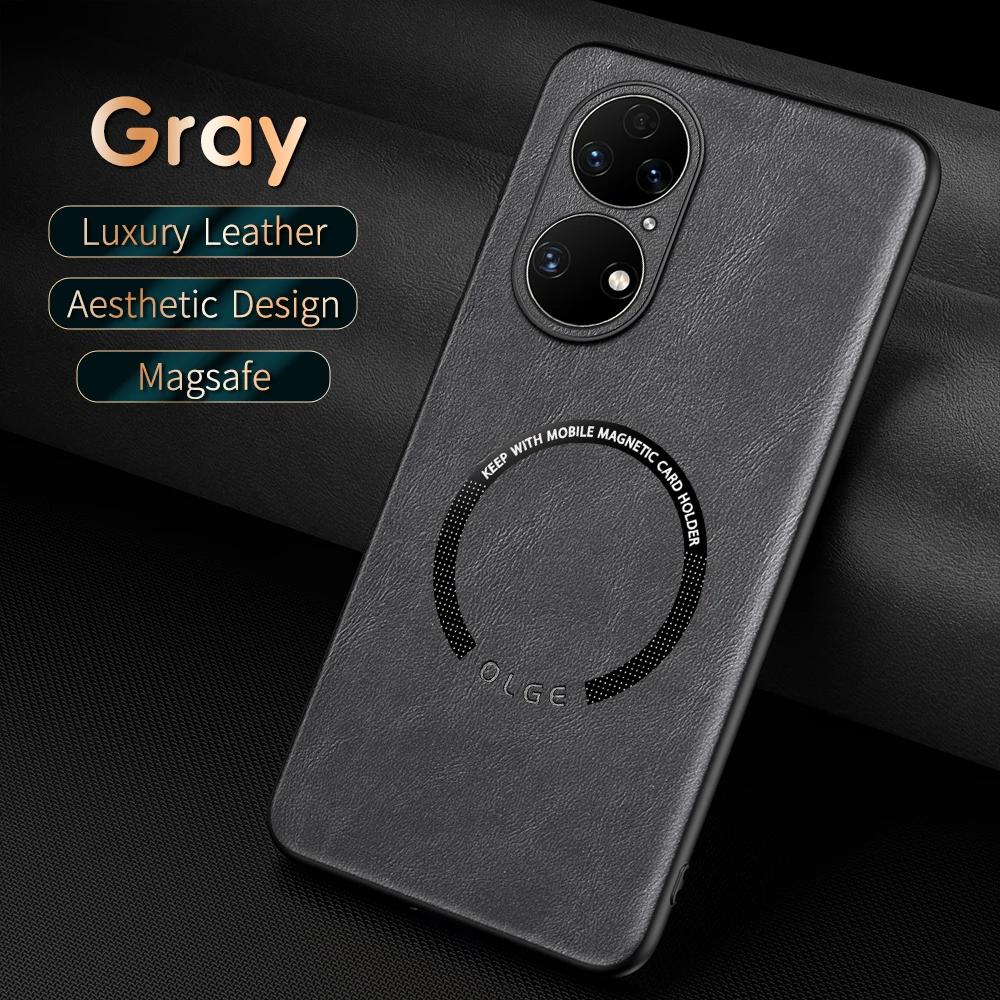 For Huawei P50 P50 Pro P50E Fine-Hole PU Cow Pattern Leather Outer Magnetic Ring Soft Edge Anti-Drop Phone Case