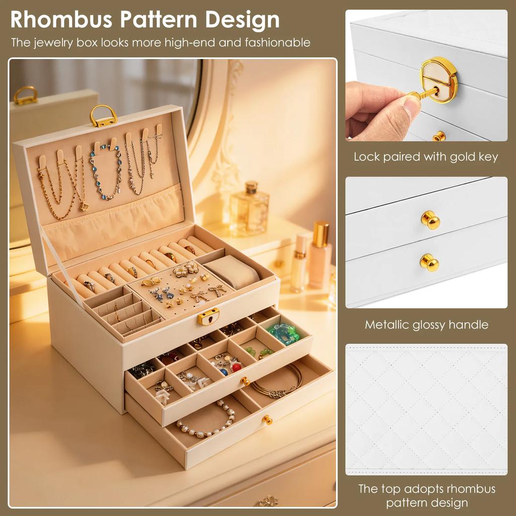 3 Layers Jewelry Box with 2 Drawers PU Leather Jewelry Storage Case Ideal for Necklace Bracelet Ring and Earring Organizer