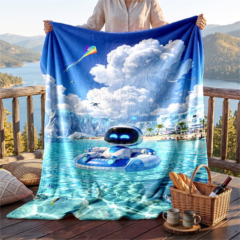 Warm Flannel Blanket Astro Bot Pattern, Lightweight Comfortable Throw Blanket for Bed Sofa Use