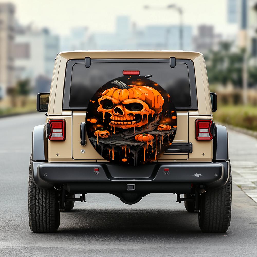 1pc 30/34 Inch Multi Functional Spare Tire Cover For Jeep Trailer RV Offroad Truck Camper Vehicles With Halloween Pumpkin Skull