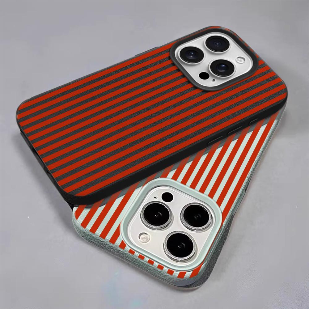 Red Black Stripe Leather Texture Soft Case for iPhone 17 17E 16 15 14 13 12 11 Pro Max Aesthetic Shockproof Cover