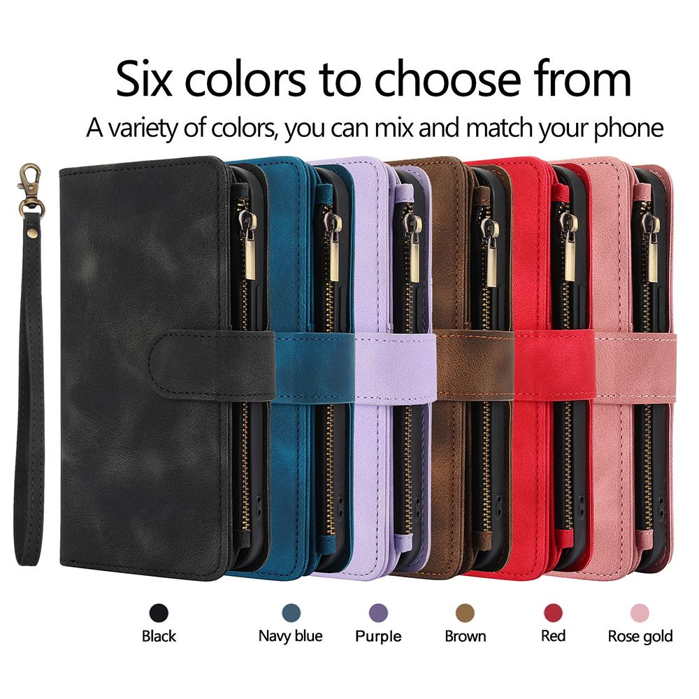 Peněženka 9 slotů na karty Flip Zipper Kožené pouzdro pro iPhone 16 15 Plus 14 13 12 11 Pro Max XR X Samsung S24 S23 S22 S21 Ultra Plus FE A15 A55 A14 A34 A54