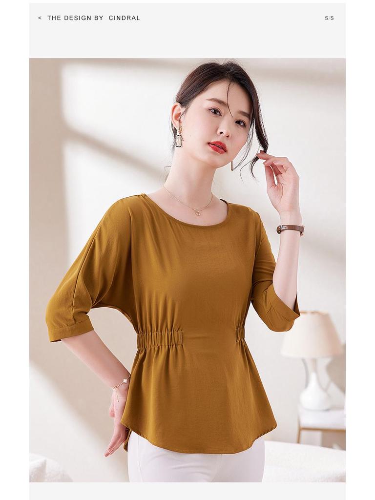 Chic Women's 2025 Slim Fit Pleated T-Shirt: Round Neck, Flattering Waist, Summer Style