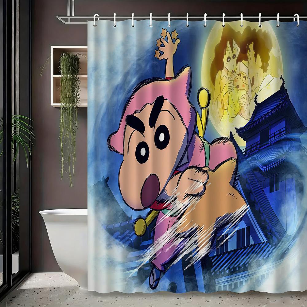Crayon Shin-Chan & Friends School Uniform & Robot Statue Scene 2D Print Waterproof Shower Curtain, Blue & Yellow Bathroom Decor