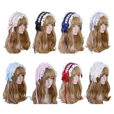 Lolita Ruffled Headband Sweet Star Embroidery Lace Ribbon Bow Hairband with Hairpins Anime Maid Cosplay