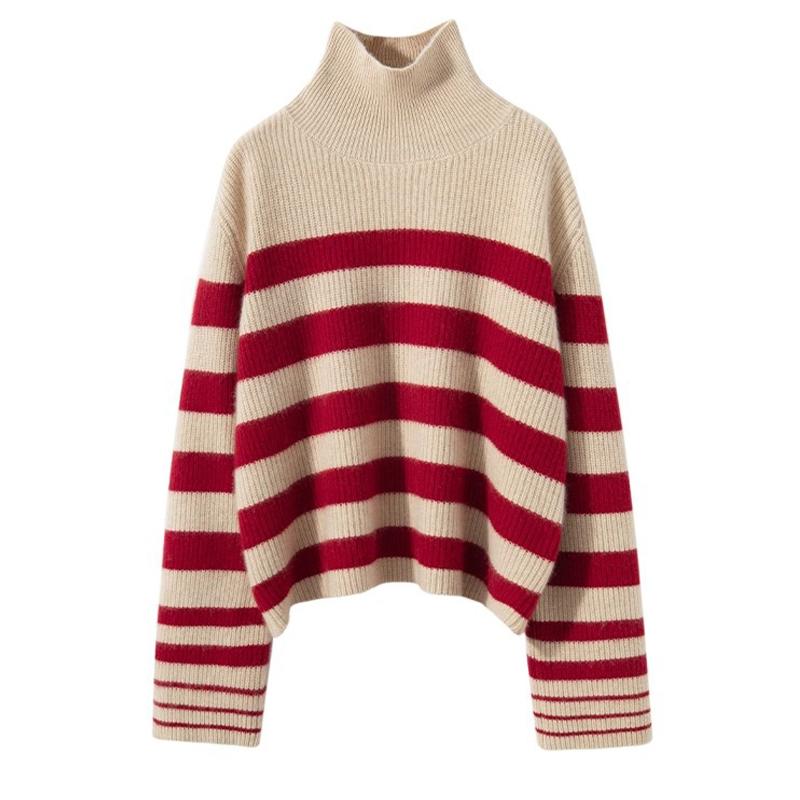 Pletený sveter Dámska móda Pruhovaný zateplený sveter s vysokým výstrihom One size červená