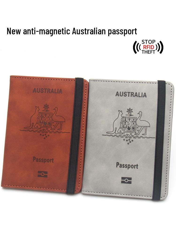 Australian Anti-magnetic Leather Passport Holder with Multi-card Slots and Elastic Band
