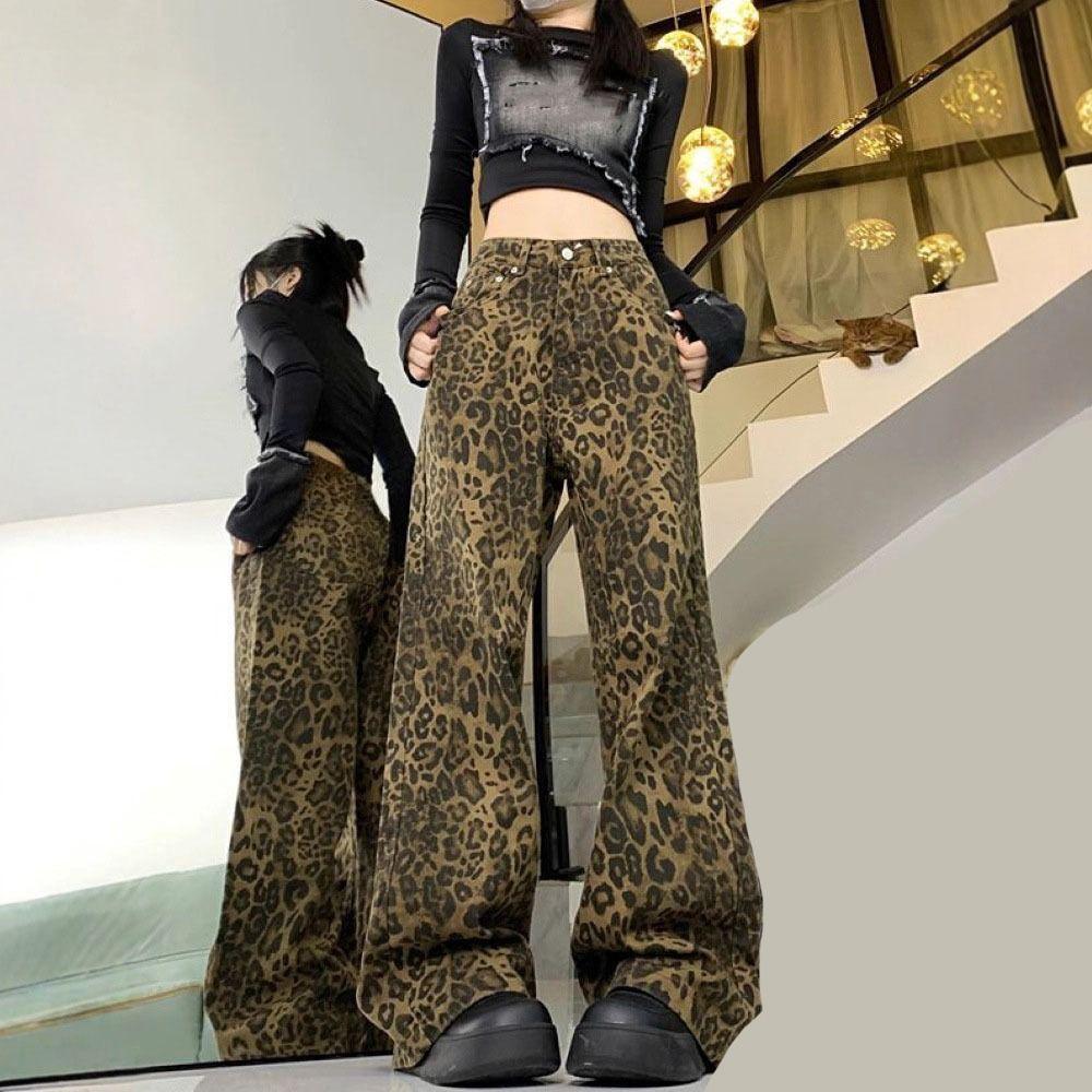 Wide Leg Leopard Print Jeans Straight Leg Cowboy Pants Soft Jeans Women Y2k Girls
