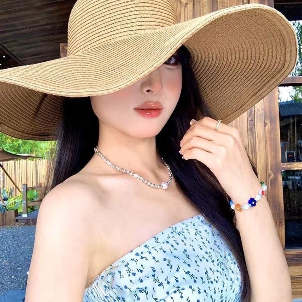

Simple Wide Brim Sun Hat Foldable Oversized Beach Hats New Floppy Straw Hat Sun Protection бежевий
