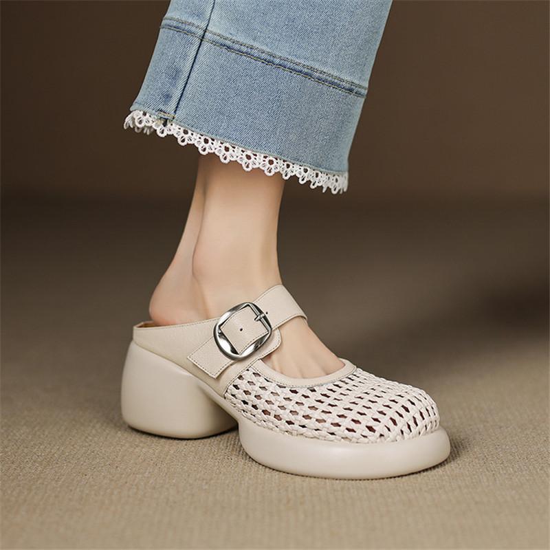 Fashion New Summer Slippers Cover Toe Slippers for Women Fashion Hollow Out Round Toe High Heels Ladies Shoes Chunky Heels Slippers