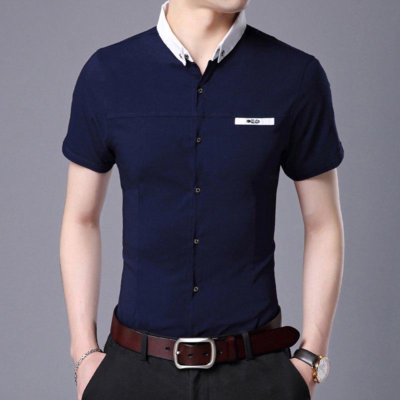 

Модная брендовая дизайнерская рубашка мужская однотонная летняя приталенная рубашка с коротким рукавом на пуговицах повседневная одежда XXXXL темно-синий