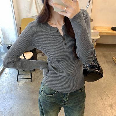 Korean Gray High-end Pit Striped Long-sleeved Sweater for Women In Early Autumn Slim-fitting Short Chic Chic Half-open Collar Top