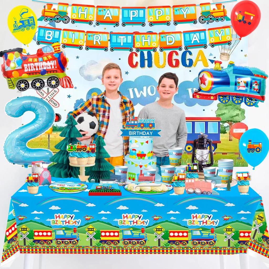 Chugga Chugga Two Two Party Decorations,Train Birthday Decorations&Train Party Tableware-Train Plates Banner Etc Train Birthday Party Supplies