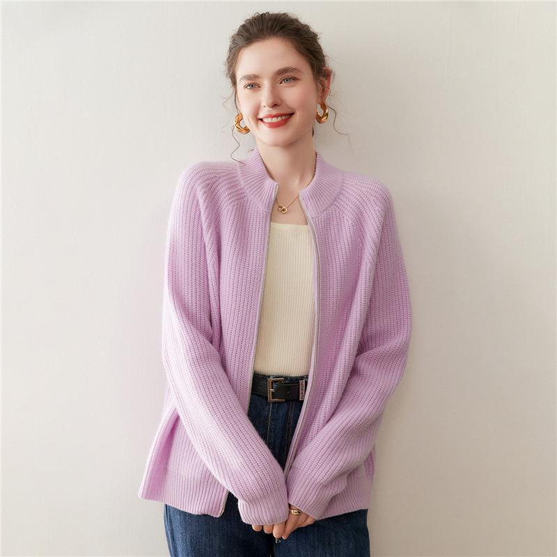 Women's Cashmere Double Zipper Stand Collar Cardigan - Thick Loose Knitwear for Autumn