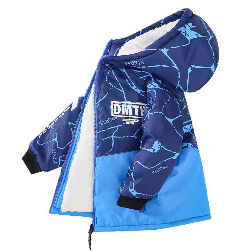 Boys Thickened Fleece Lined Hooded Windbreaker Kids Winter Outerwear