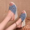 Fashion Fashion Denim Chunky Wedge Sandals Women 2025 Rivets Decor High Heels Slippers Woman Peep Toe Thick Bottom Sandles Plus Size 43
